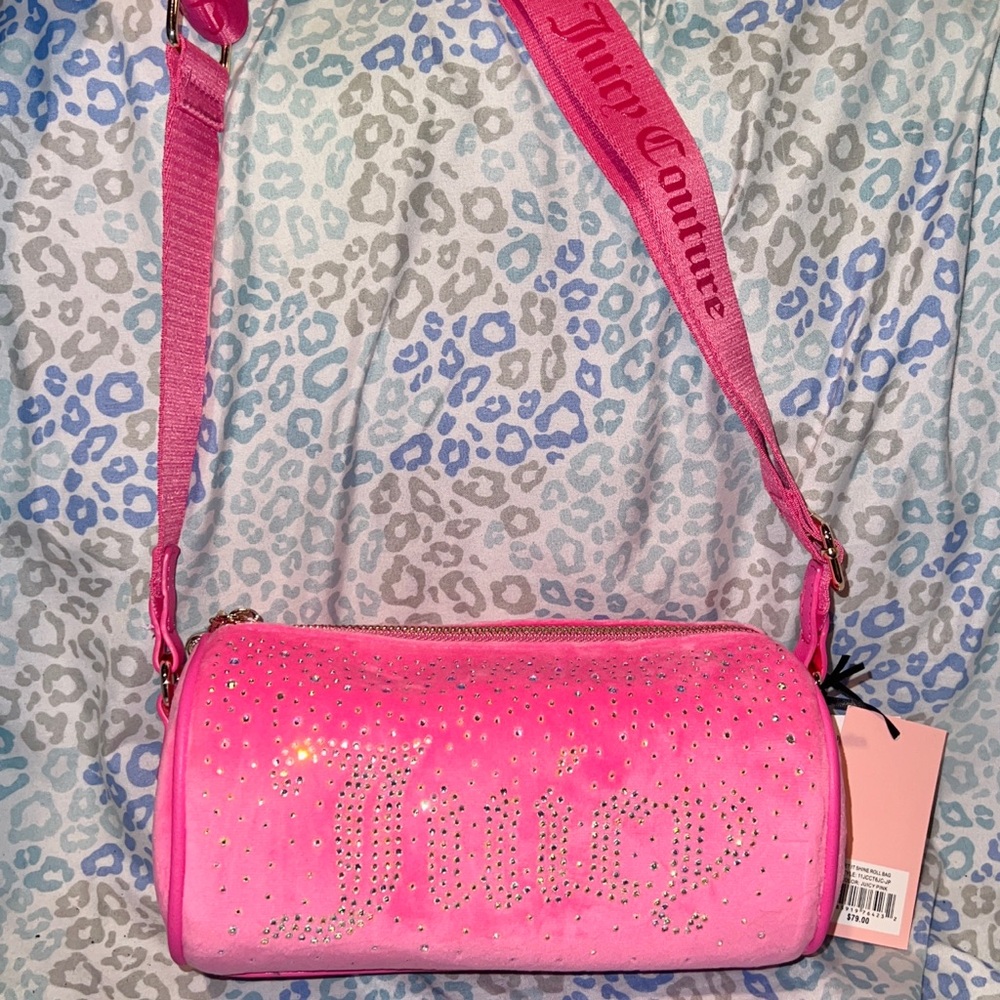 New Pink Juicy Couture Purse Barrel Bag Rhinestone Crossbody Velvet Let It Shine